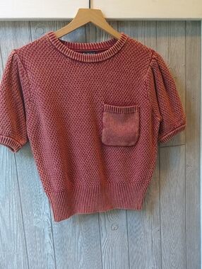 Timing Textured Short-Sleeve Crewneck Sweater in Brick Red